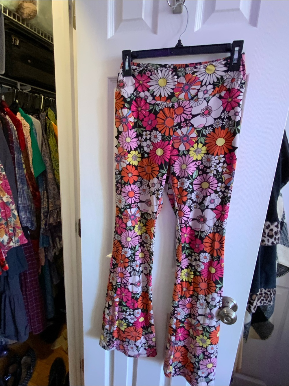 Women's Floral Bell-Bottom Leggings - Pink, Orange & Yellow